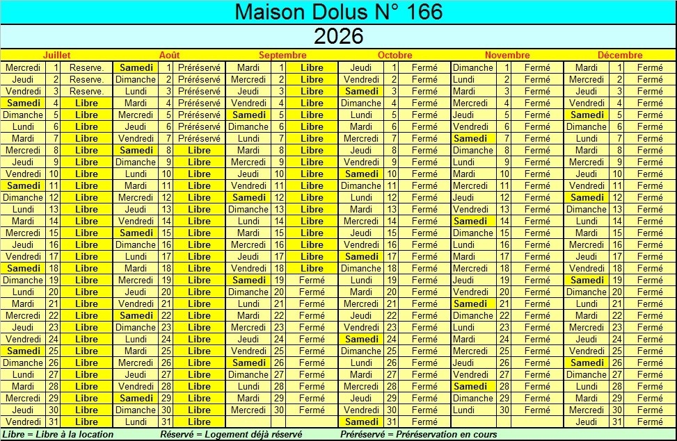Disponibilités 2ème semestre - Maison Dolus d'Oléron