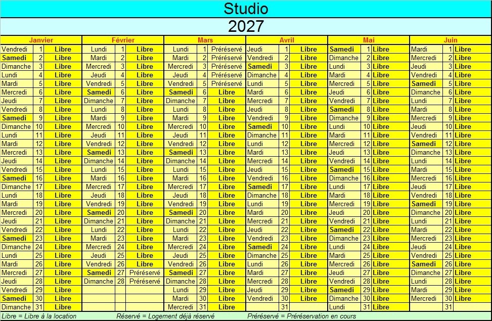 Disponibilités 1er semestre - Studio Super Besse.