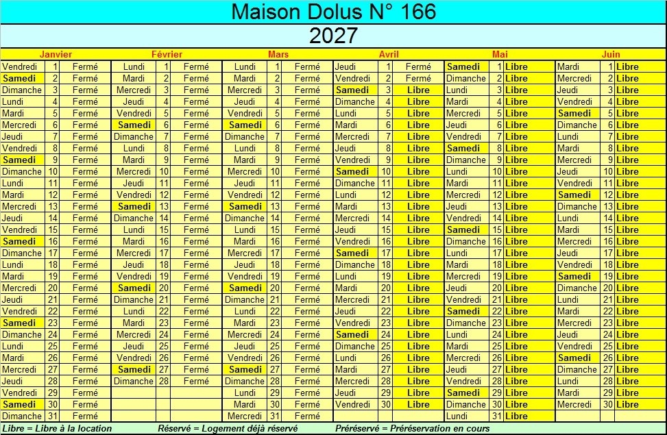 Disponibilités 1er semestre - Maison Dolus d'Oléron